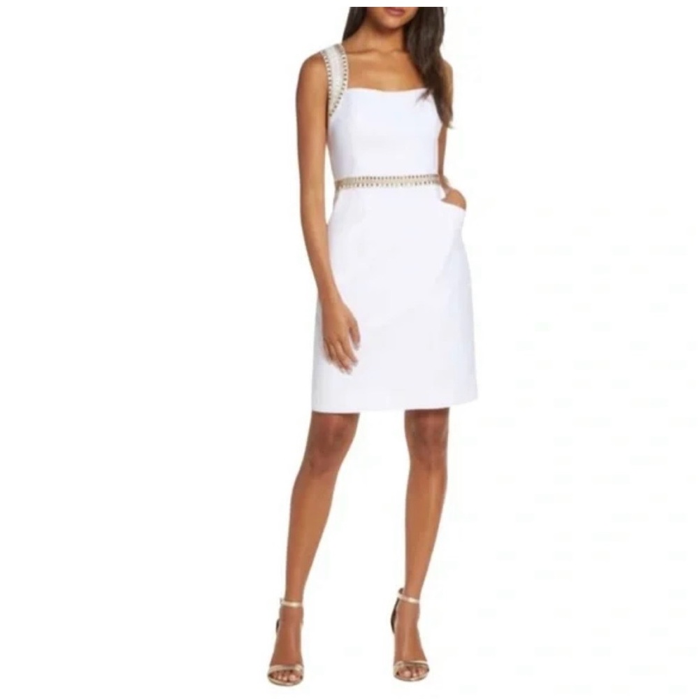 Lily Pulitzer Dana Shift Dress. Elegant White Dress with Gold Accents